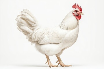 Fototapeta premium White Chicken Standing on Two Legs Looking Right with Red Comb and Tail Feathers, Isolated on White Background