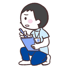 しゃがんで記録する残念そうな男性イラスト