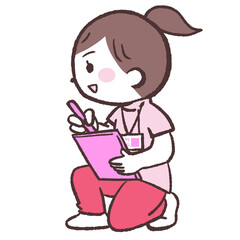 会話しながらしゃがんで記録する女性イラスト