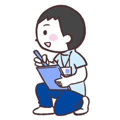 会話しながらしゃがんで記録する男性イラスト
