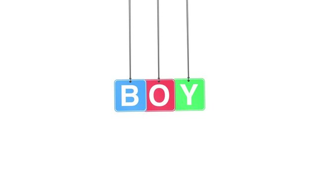 "Boy" text animation, featuring a hanging and bouncing effect, presented on both white and green screen backgrounds for versatile use