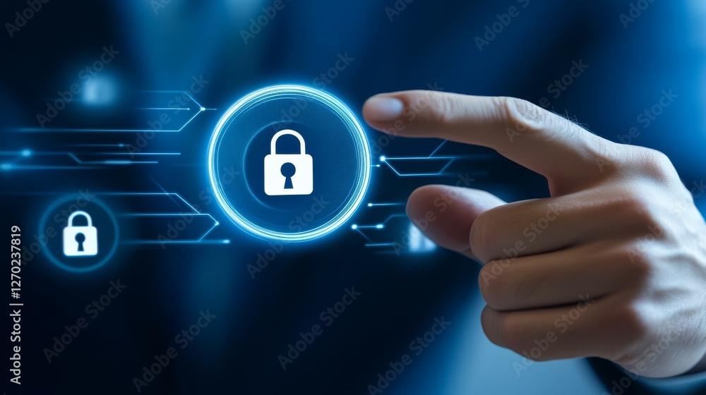 Poster digital security, person accessing and touching a padlock icon on touchscreen, representing cybersec