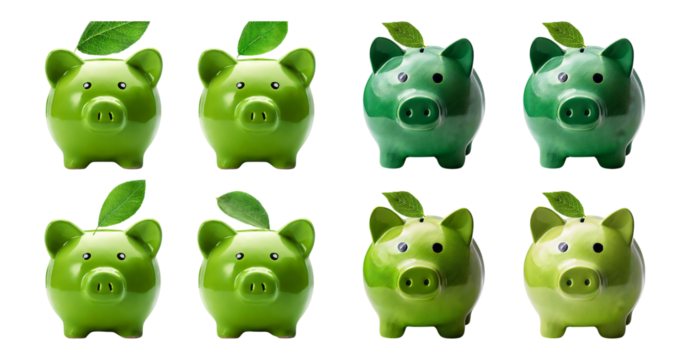 Colorful Piggy Banks with Green Leaves on White Background, isolated on transparent background