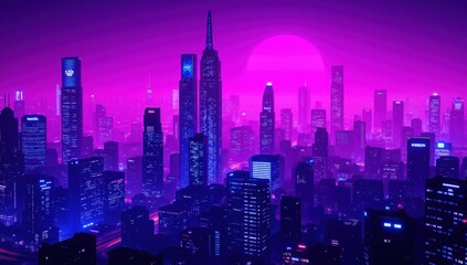 Vibrant City Skyline with Neon Pink and Electric Blue Hues at Dusk