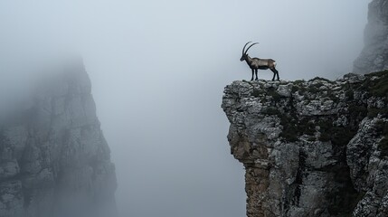 Majestic mountain goat standing on a cliff edge amidst foggy landscape, evoking a sense of solitude