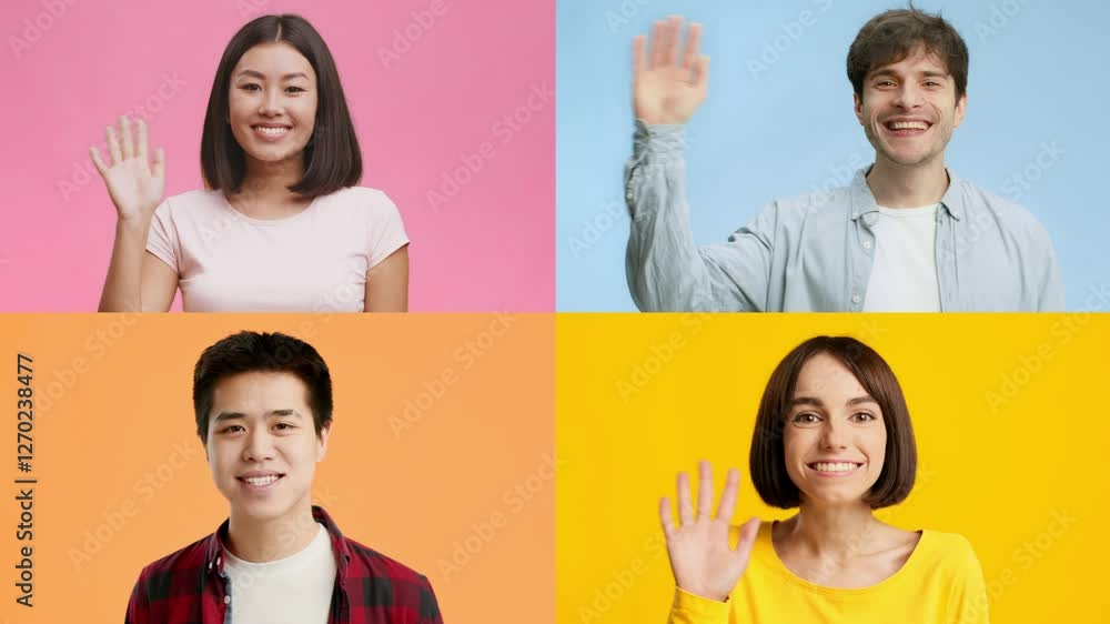 Poster a multiracial collection of four individuals is happily waving hello against vibrant colored backgro
