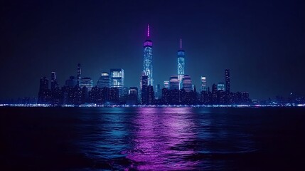Nighttime Manhattan skyline, purple lights reflecting on water, cityscape backdrop, website banner
