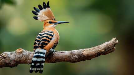 hoopoe bird perched on branch, showcasing its unique crest and striking plumage. vibrant colors and patterns make it captivating sight
