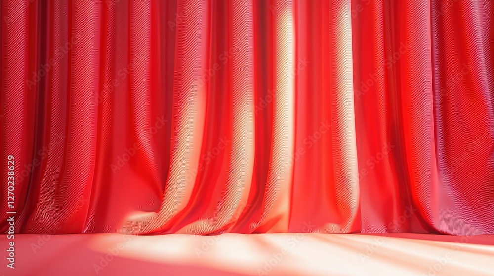 Poster vibrant red curtains drape elegantly, with soft folds and warm light filtering through, creating a d
