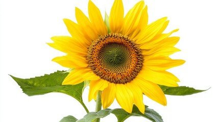 A vibrant sunflower in full bloom, its golden petals radiating warmth against a bright white background.  The rich yellow and contrasting green leaves create a cheerful summer scene.