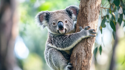 Fototapeta premium koala clings to eucalyptus tree, showcasing its adorable features and natural habitat. This charming scene captures essence of wildlife