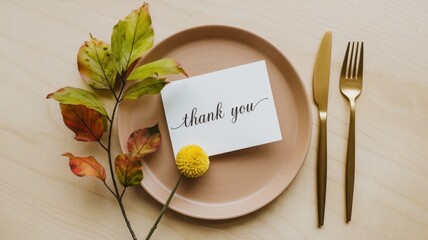 Elegant table setting featuring a thank you card and leaves