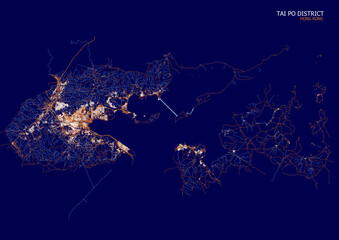 vector map of highway waterway and buildings in tai po district in hongkong with blue and orange theme