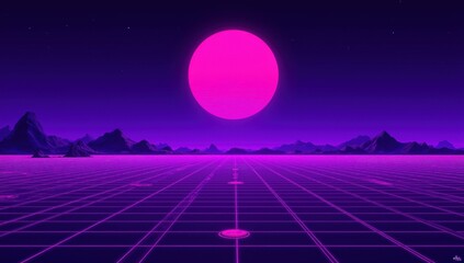 Futuristic Landscape with Glowing Purple Mountains and Retro Grid