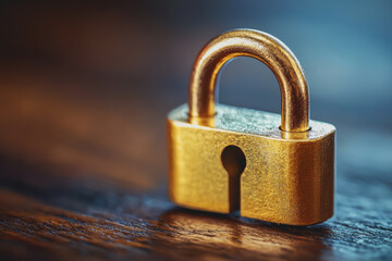 Golden padlock resting on a textured wooden surface with natural grain patterns