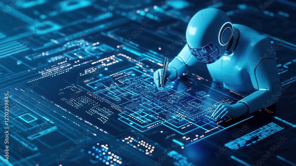 Poster intricate robot assembling circuit components with precision and focus in a high-tech laboratory env