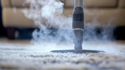 A steam cleaner is on a carpet, and the steam is coming out of it. The steam cleaner is black and silver