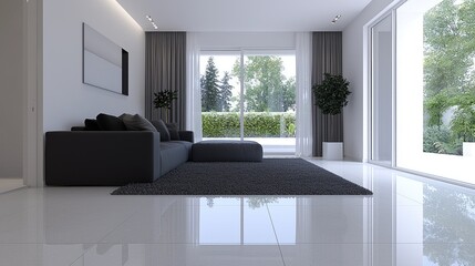 Fototapeta premium Modern minimalist living room with a dark grey sofa and large glass doors opening to a green garden.