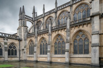Majestic stone cathedral facade with ornate arches and detailed windows on a cloudy day in a gothic architectural style, subdued color palette