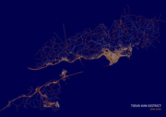 vector map of highway waterway and buildings in tsuen wan  district in hongkong with blue and orange theme