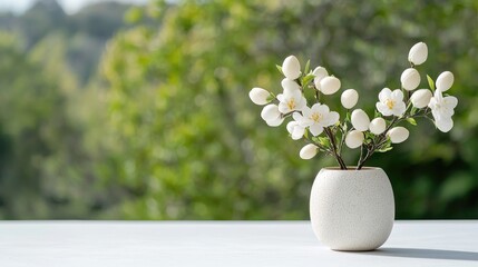 White flowers in a vase, spring scene, outdoor background, aesthetic image, relaxing, tranquility, serenity, suitable for various uses