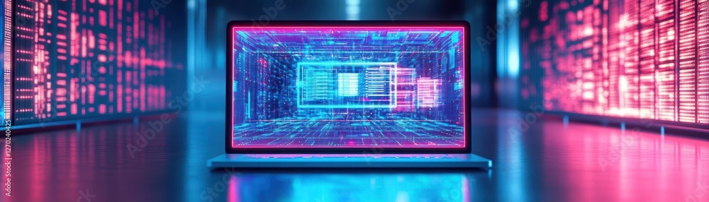 Poster illuminated laptop display in modern data center surrounded by advanced technology and equipment cre