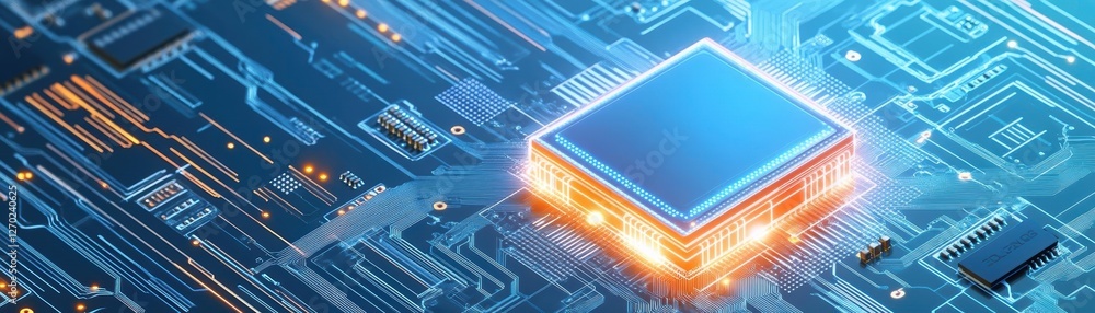 Poster vibrant blue and orange circuit design featuring intricate patterns and central circuit element repr