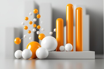 Abstract Composition of Orange and White Spheres and Cylinders on a Minimalist Gray Background