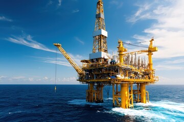 Offshore Oil Platform Under a Bright Blue Sky with Wispy Clouds in a Vast Open Ocean