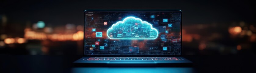 Fototapeta premium A modern laptop displaying a fluffy cloud on its screen symbolizing digital innovation and creativity in a bright and inspiring workspace setting