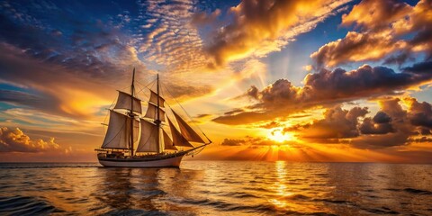 Fototapeta premium Majestic Sunset Sail: Classic Wooden Sailing Ship, Vintage Photography