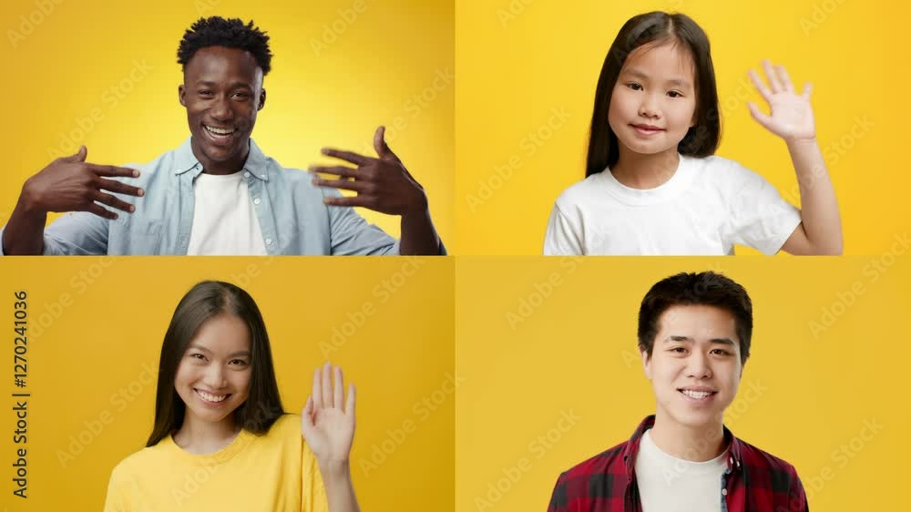 Poster four diverse individuals wave hello, showcasing their warm greetings against a bright yellow backdro
