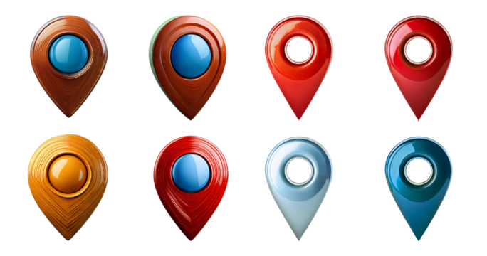Colorful Map Pins Collection for Digital Navigation and GPS Use, isolated on transparent background