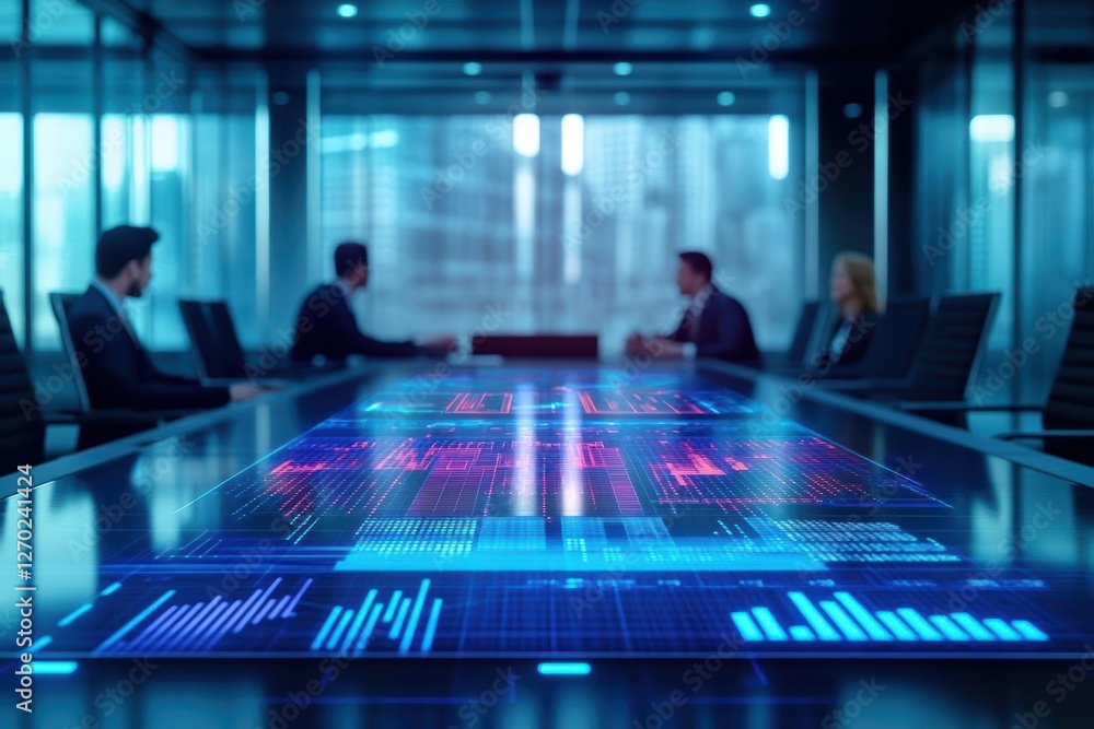 Poster modern business meeting room featuring spacious table and large data screen ideal for professional d