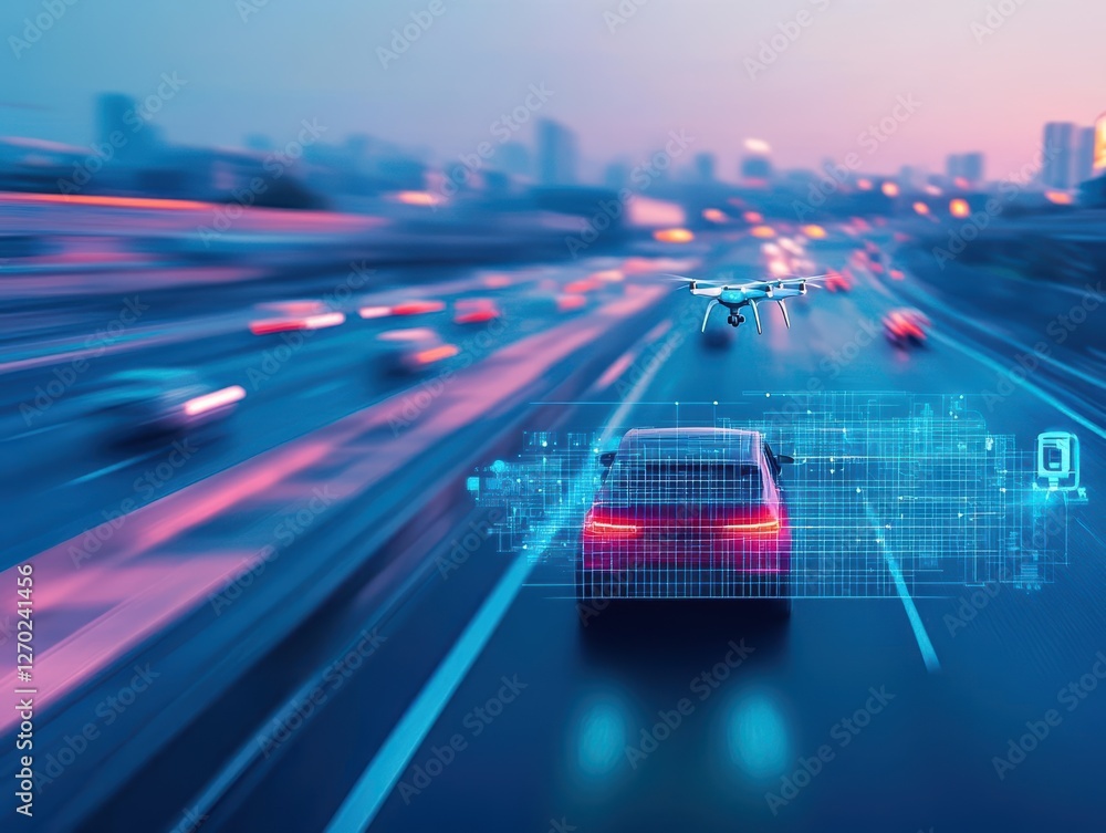 Aufkleber dynamic scene of a car speeding on a highway beneath a clear sky with a drone capturing the action f