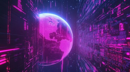 Fototapeta premium Digital earth floats between neon purple cybernetic data structures