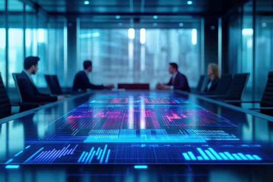 Modern Business Meeting Room Featuring Spacious Table and Large Data Screen Ideal for Professional Discussions and Collaborative Decision Making Sessions