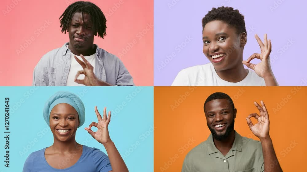 Poster Four individuals from different backgrounds joyfully display the okay gesture against colorful backgrounds. Their expressions convey positivity and inclusivity, celebrating diversity in lifestyle.