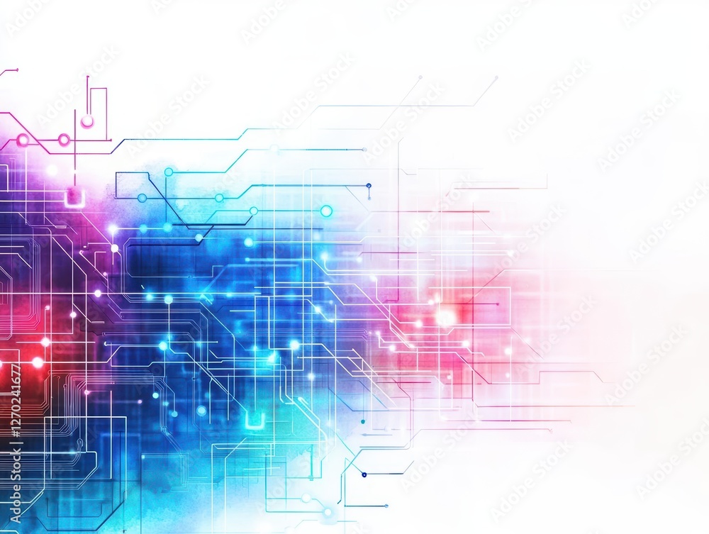Poster intricate computer circuitry illuminated by vivid blue and red background creating a futuristic and 
