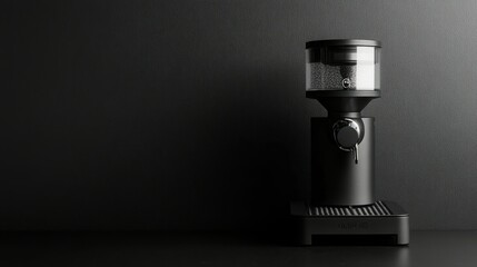 Sleek black coffee grinder with transparent hopper filled with coffee beans, set against a dark background. Modern kitchen appliance.