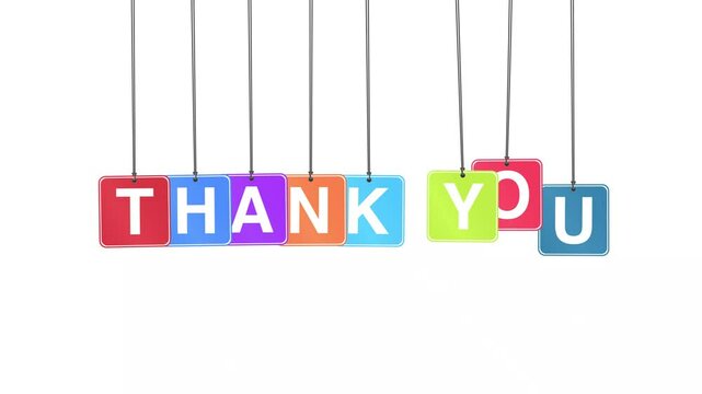 "Thank You" word or text hanging and bouncing animation on a white background and green screen. Represents gratitude, appreciation, and kindness