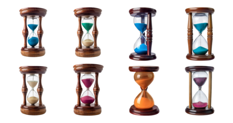 Various Colorful Hourglasses in Different Styles and Shapes, isolated on transparent background