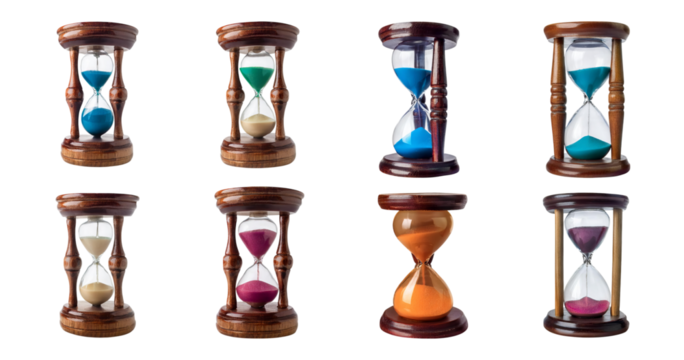 Various Colorful Hourglasses in Different Styles and Shapes, isolated on transparent background