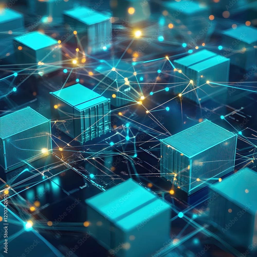 Poster abstract network of metal containers connected by glowing lines in a futuristic design