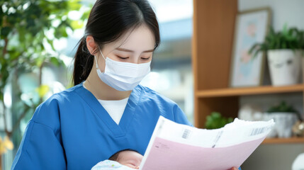 Korean nurse doctor woman carrying a newborn baby at pediatric home care healthcare