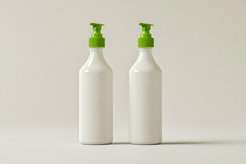 Two white bottles with green pump heads—one full and the other partially empty.
