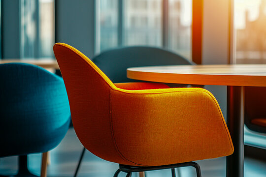 Vibrant orange and blue chairs surround a round table in a sunlit modern office.