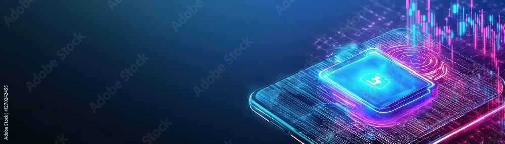 Poster Futuristic Computer Chip Illuminated by Vibrant Neon Glow Showcasing Intricate Circuitry and Advanced Technology in a Dark and Mysterious Setting