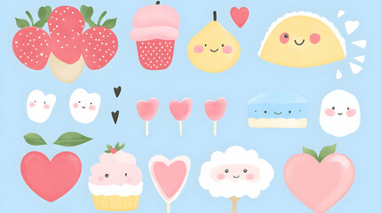 Cute food illustrations strawberries, cupcakes, pears, and hearts; pastel background; for cards