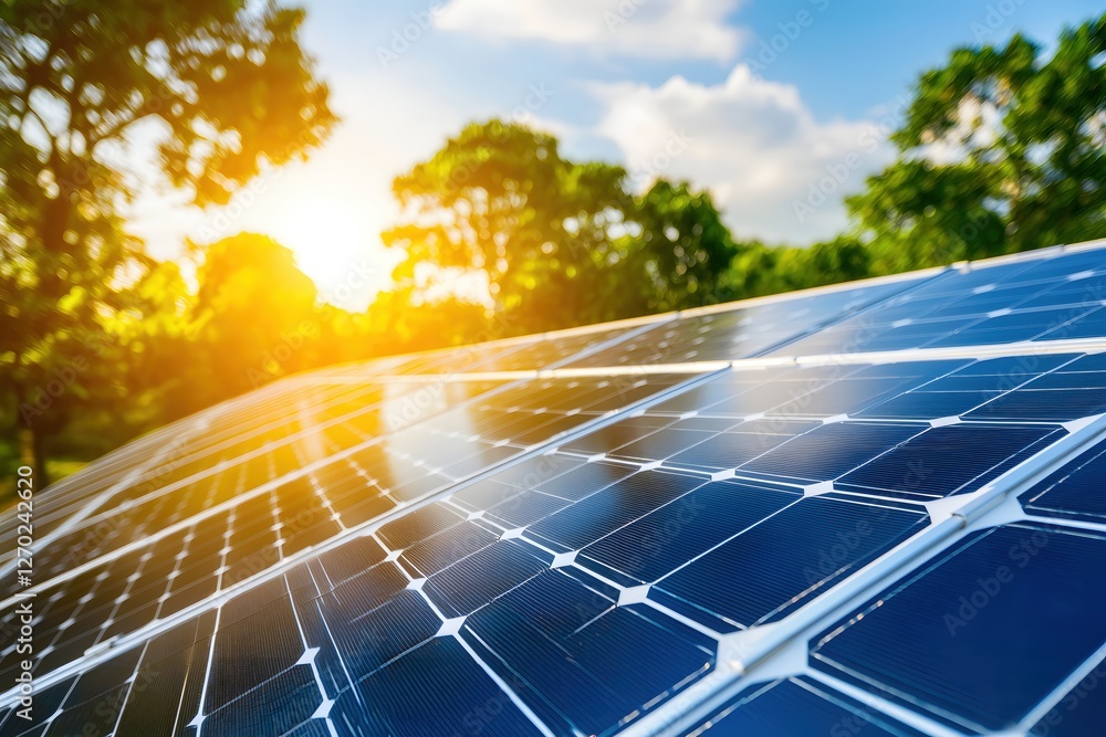 Poster solar panel array generating clean energy with sunlight and trees in the background